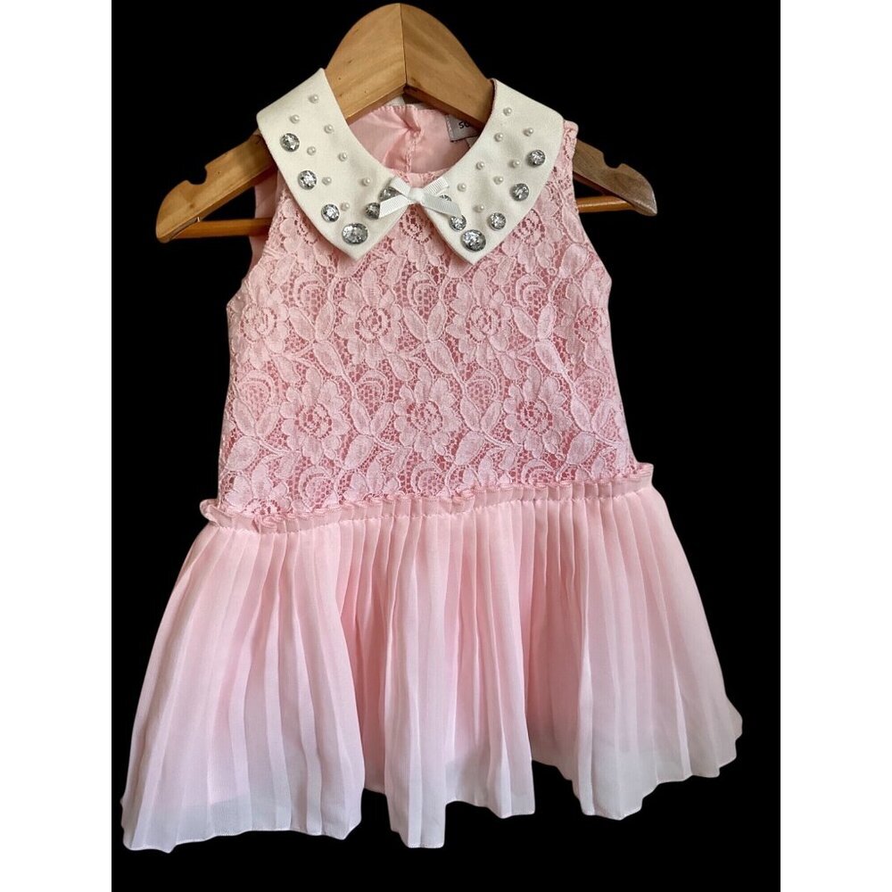 Vintage Sleeveless Pink Lace & Chiffon Girls  Dress With Rhinestone Embellished